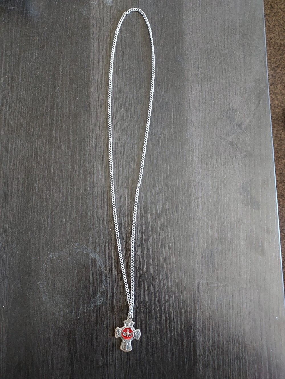 Sterling-Tone Cross Pendant Necklace with Red Enamel Accent